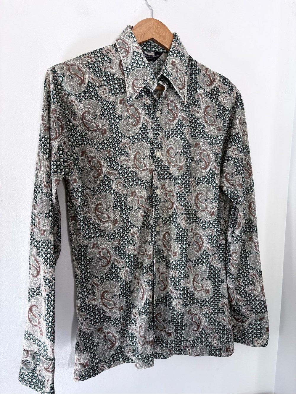 Vintage 70s ROBERT BRUCE Multi Green Paisley LS Shirt Point Collar MED Disco Hip